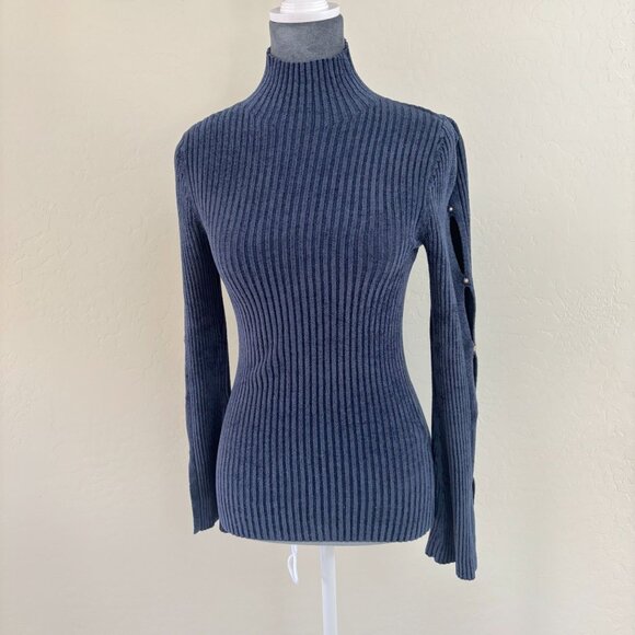 WHBM Mock Turtleneck Ribbed Sweater with Peek-a-Boo Slits - Dark Blue - Size XS - Picture 1 of 10